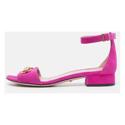 Gucci Pink Suede Horsebit Ankle Strap Sandals Size