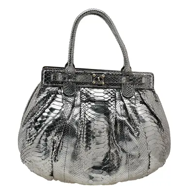 Zagliani Metallic Silver Python Puffy Hobo