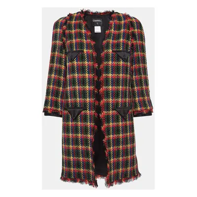 Chanel Vintage Multicolor Patterned Wool Blend Open Front Fringed Coat