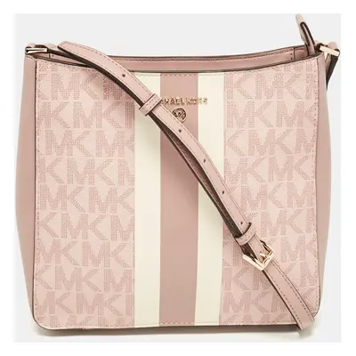 Michael Kors Pink Center Stripe Gloria Signature Coated Canvas and Leather Crossbody Bag