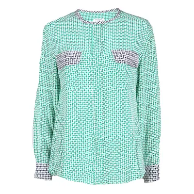 Equipment Green Printed Contrast Trim Detail Long Sleeve Silk Blouse