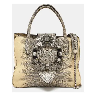 Miu Miu Cream/Black Lizard Embossed Leather Crystal Embellished Tote