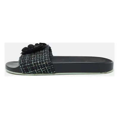 Chanel Black/Green Tweed Grosgrain Camellia Slide Sandals Size