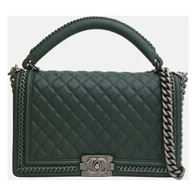 Chanel Green Leather Chain around Boy Top Handle Bags