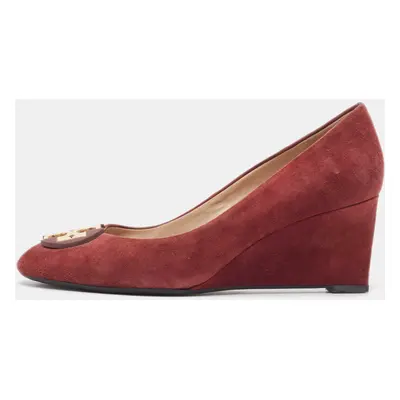 Tory Burch Burgundy Suede Luna Wedge Pumps Size