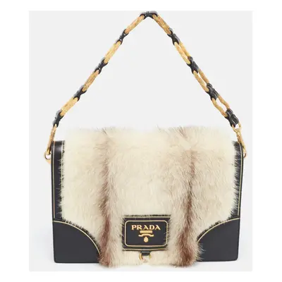 Prada Off White/Black Mink Fur and Saffiano Leather Flap Bag