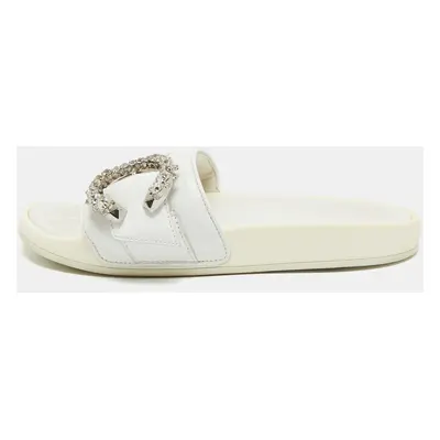 Jimmy Choo White Leather Crystal Embellished Flat Slides Size