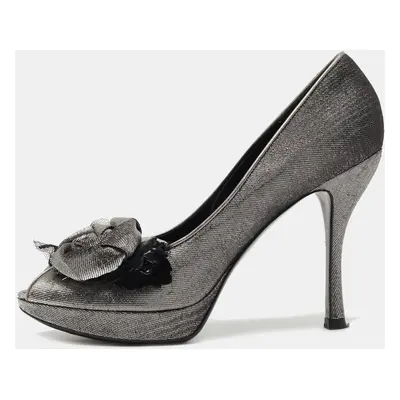 Louis Vuitton Metallic Grey/Black Lurex Fabric Floral Peep Toe Pumps Size