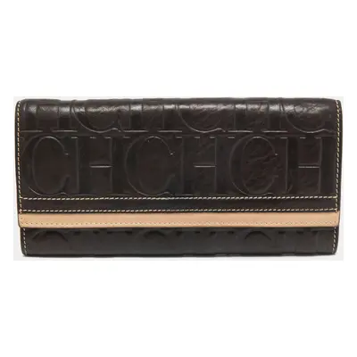 CH Carolina Herrera Brown/Beige Monogram Embossed Leather Continental Wallet