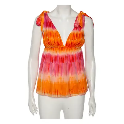 Alice + Olivia Orange & Pink Silk Plunge Neck Tie-Up Detail Top