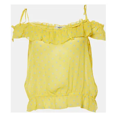 Moschino Cheap and Chic Yellow Polka Dot Printed Silk Ruffle Detail Top