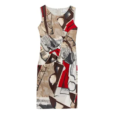 Oscar de la Renta Brown Musical Printed Cotton Sleeveless Sheath Dress