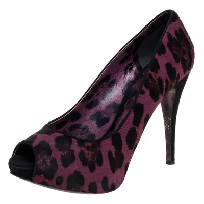 Dolce & Gabbana Purple Calf hair And Suede Leopard Print Peep Toe Pumps Size