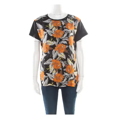 Proenza Schouler Black Slub Jersey Contrast Floral Print T-Shirt