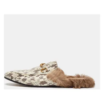 Gucci White/Grey Snakeskin Fur Horsebit Flat Mules Size