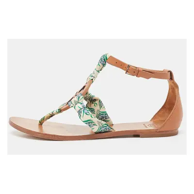 Tory Burch Brown/Cream Leather and Printed Fabric Miller Scarf Thong Flat Sandals Size 38.5