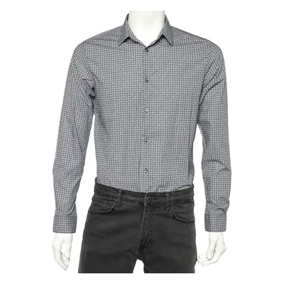 Emporio Armani Blue Logo Printed Cotton Slim Fit Shirt