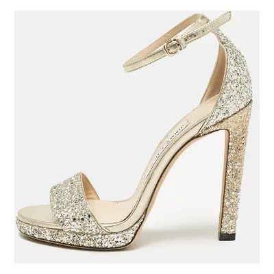 Jimmy Choo Gold/Silver Glitter and Leather Misty Ankle Strap Sandals Size