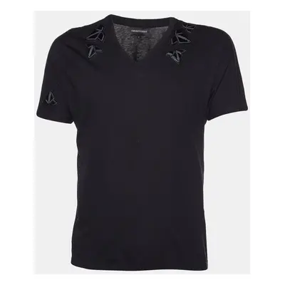 Emporio Armani Black Cotton Patch Detail V-Neck T-Shirt