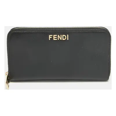 Fendi Black Leather Logo Zip Around Continental Wallet