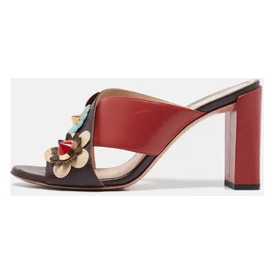 Fendi Red/Brown Leather Flowerland Slide Sandals Size