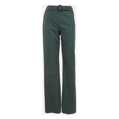 Valentino Green Cotton Gabardine Buckle Detail Wide-Leg Trousers