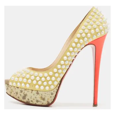 Christian Louboutin Yellow Suede Lady Peep Spikes Pumps Size 37.5