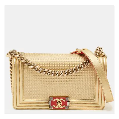 Chanel Gold Woven Embossed Leather Boy Flap Bag