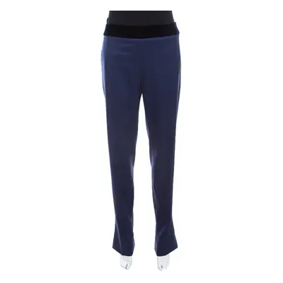 Escada Blue Stretch Wool Gabardine Velvet Trim High Waist Trousers