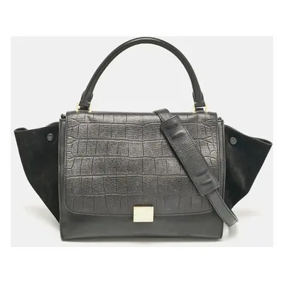 Celine Black Croc Embossed Leather and Suede Trapeze Top Handle Bag