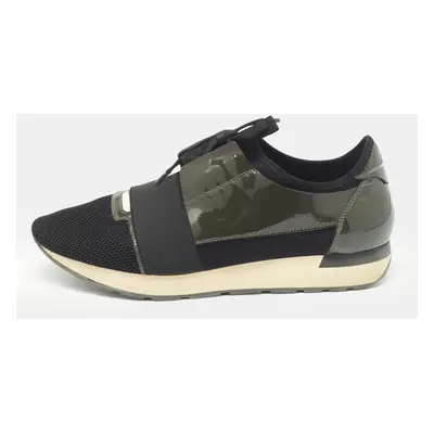 Balenciaga Black/Olive Green Mesh and Patent Leather Race Runner Low Top Sneakers Size