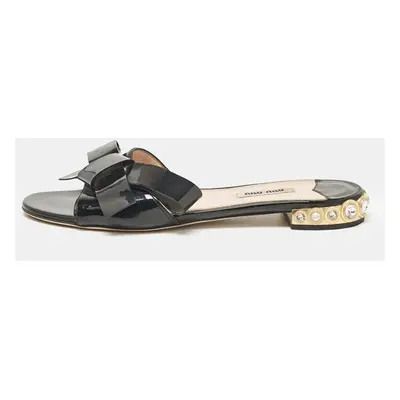 Miu Miu Black Patent Leather Bow Crystal Embellished Flat Slides Size