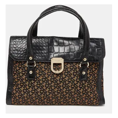 DKNY Black/Brown Monogram Canvas and Croc Embossed Leather Turnlock Flap Tote