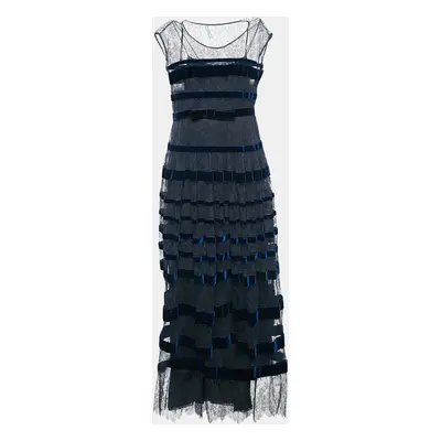 Prada Black Lace and Velvet Stripe Belted Maxi Dress