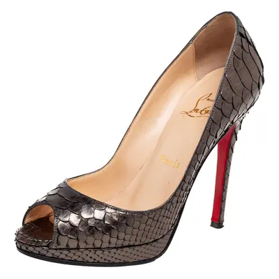 Christian Louboutin Metallic Grey Python Leather Lady Peep Platform Pumps Size