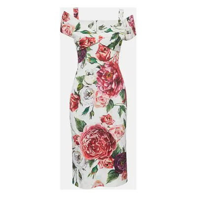 Dolce & Gabbana White Floral Print Jacquard Off-Shoulder Sheath Dress