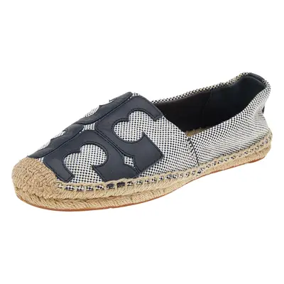 Tory Burch Black/White Canvas And Leather Logo Lonnie Espadrilles Flats Size