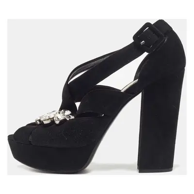 Miu Miu Black Suede Crystal Embellished Platform Sandals Size