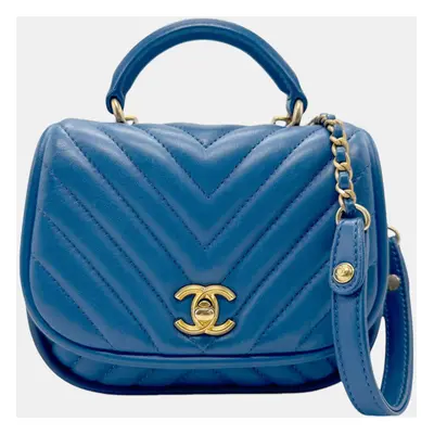 Chanel Blue Gold Leather V Stitch Handbag