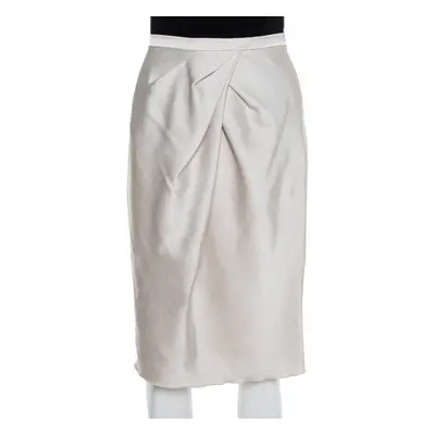 Max Mara Studio Cream Satin Pleated Detail Midi Skirt