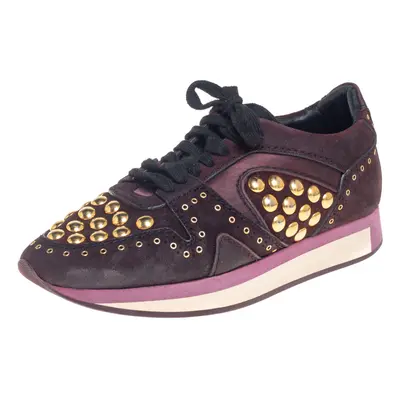 Burberry Burgundy Suede And Satin Studded Low Top Sneakers Size