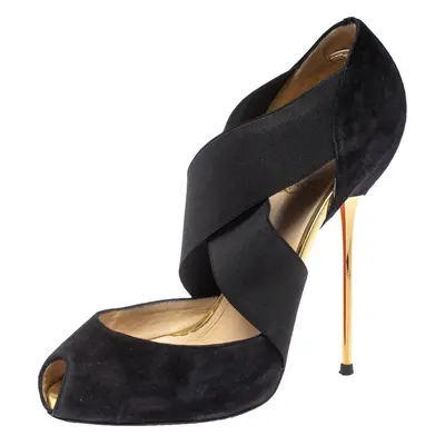 Christian Louboutin Black Suede And Elastic Cross Strap Peep Toe Sandals Size