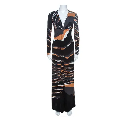 Roberto Cavalli Multicolor Stretch Jersey Draped V Neck Maxi Dress