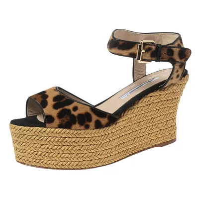 Brian Atwood Beige/Black Pony Hair Espadrille Wedge Sandals Size