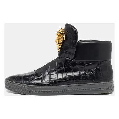 Versace Black Croc Embossed Leather Medusa High Top Sneakers Size