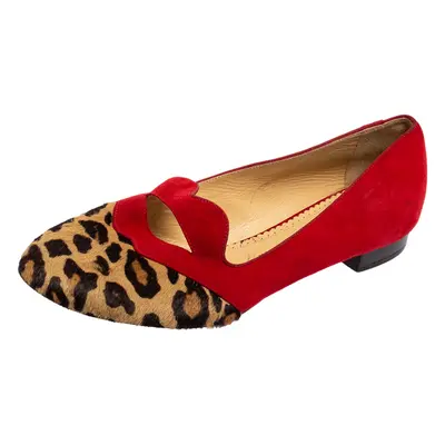 Charlotte Olympia Red/Brown Leopard Print Calfhair and Suede Bisoux Lip Ballet Flats Size