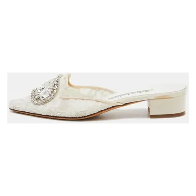 Manolo Blahnik White Lace Crystal Embellished Block Heel Pumps Size