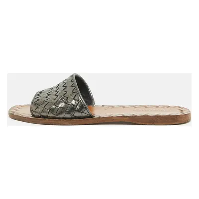 Bottega Veneta Metallic Grey Intrecciato Leather Flat Slides Size