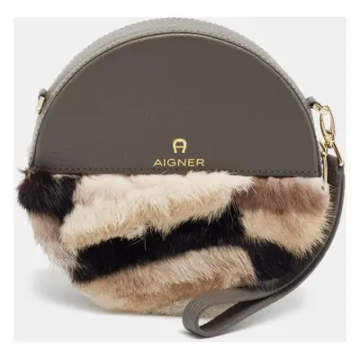 Aigner Grey Faux Fur and Leather Round Wristlet Clutch