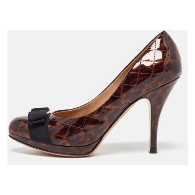 Salvatore Ferragamo Brown Quilted Patent Leather Vara Bow Platform Pumps Size 38.5